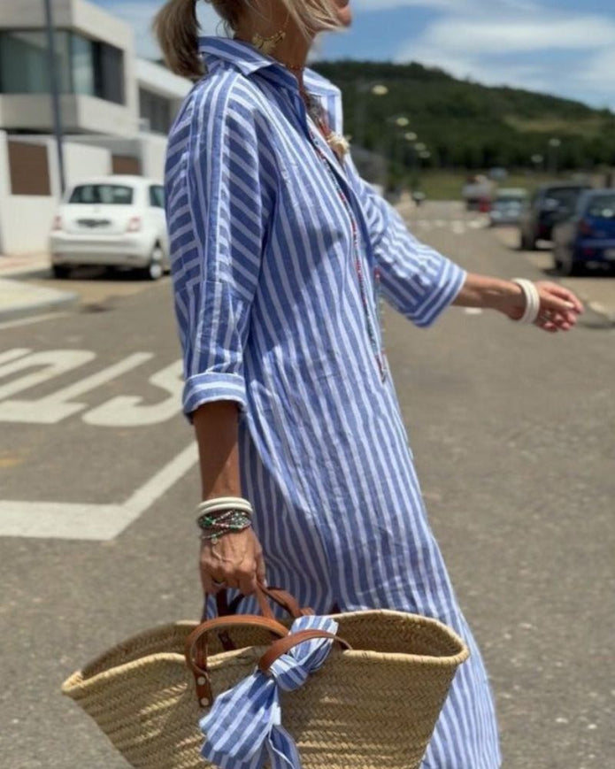 COLEN - Klasyczna Sukienka w Paski z Koronkowymi Detalami Warschau Fashion