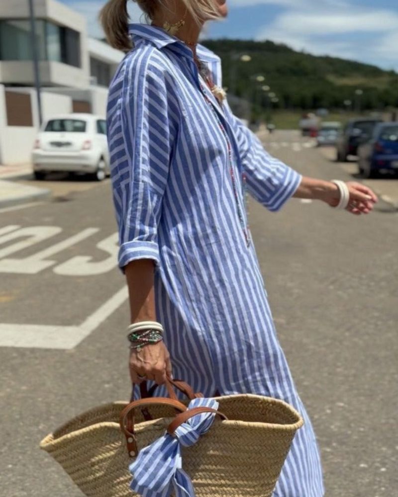 COLEN - Klasyczna Sukienka w Paski z Koronkowymi Detalami Warschau Fashion