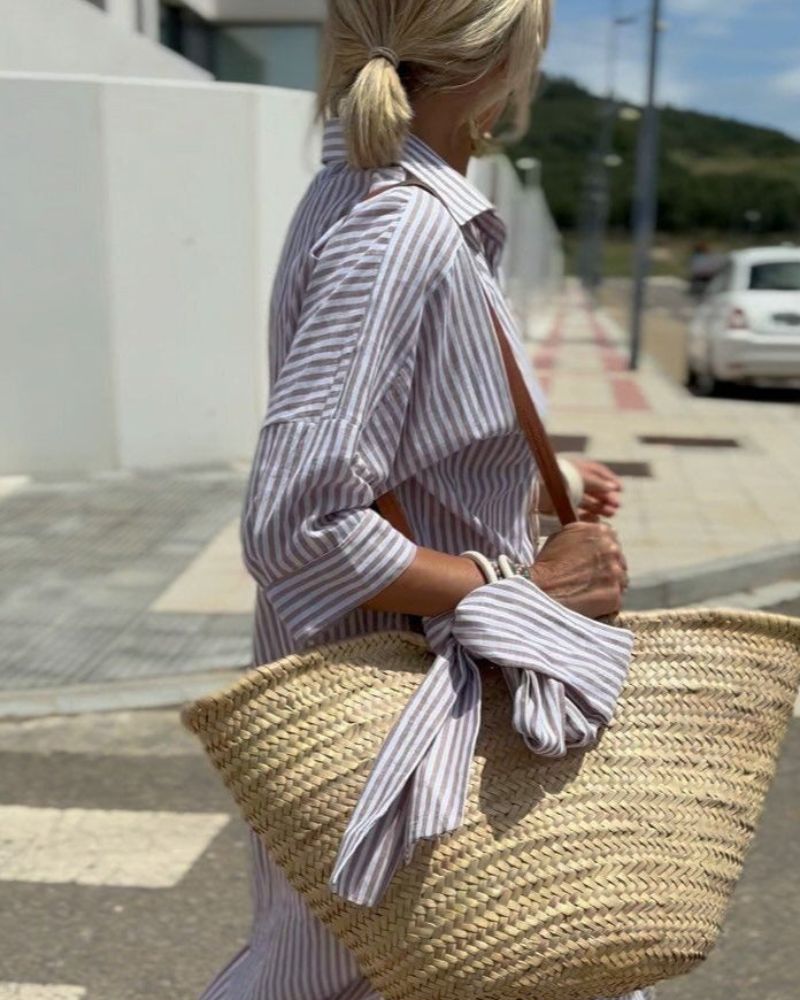 COLEN - Klasyczna Sukienka w Paski z Koronkowymi Detalami Warschau Fashion Szary S