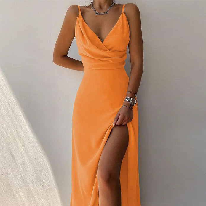 Alicia | Elegancka Suknia Maxi z Kuszącym Rozcięciem dla Kobiet Warschau Fashion Pomarańczowy S