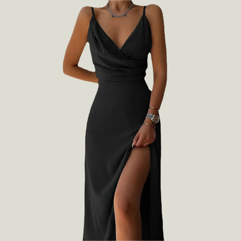 Alicia | Elegancka Suknia Maxi z Kuszącym Rozcięciem dla Kobiet Warschau Fashion Czarny S