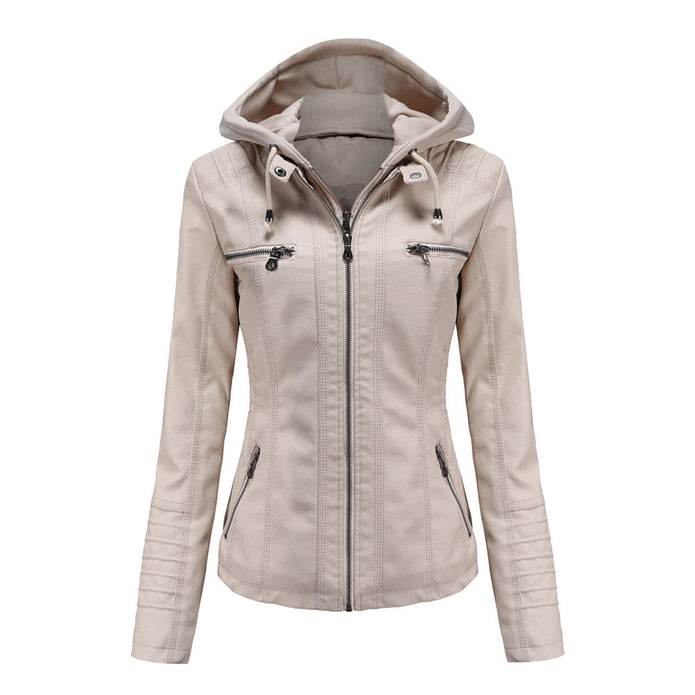BARBARA - Elegancka skórzana kurtka na wiosnę Women Jacket Hoodie Fall Warschau Fashion Beżowy S