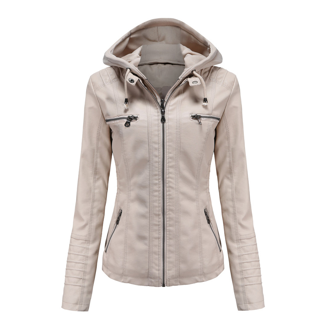BARBARA - Elegancka skórzana kurtka na wiosnę Women Jacket Hoodie Fall Warschau Fashion Beżowy S