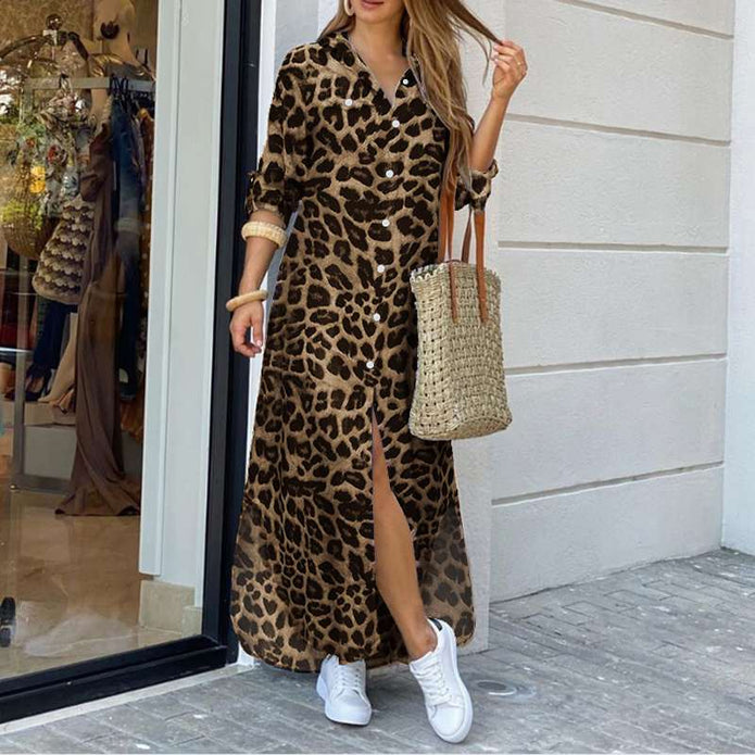 Darcy | Vintage Leopardia Maxi Sukienka z Długimi Rękawami Warschau Fashion Kawa S