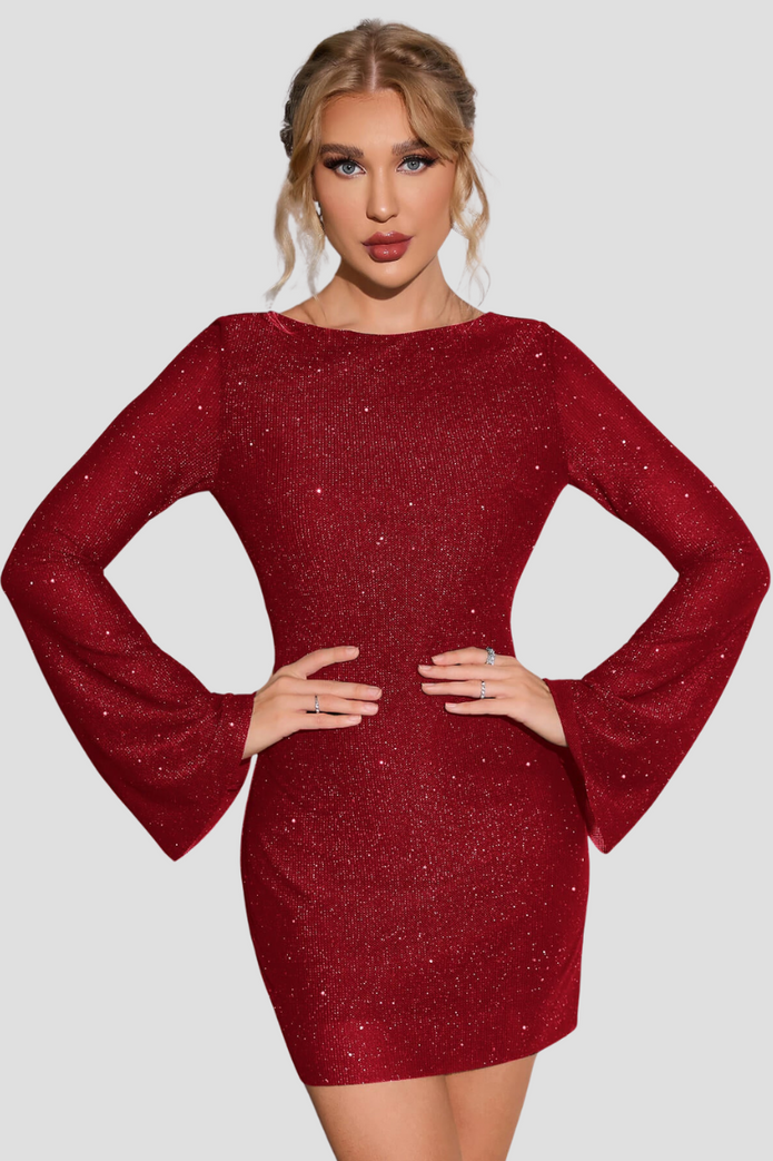 ALIX | Elegancka Sukienka Błyszcząca dla Kobiet z Długimi Rękawami i Odkrytymi Plecami - Stylowa, Efektowna i Nieodparta Warschau Fashion Czerwony S