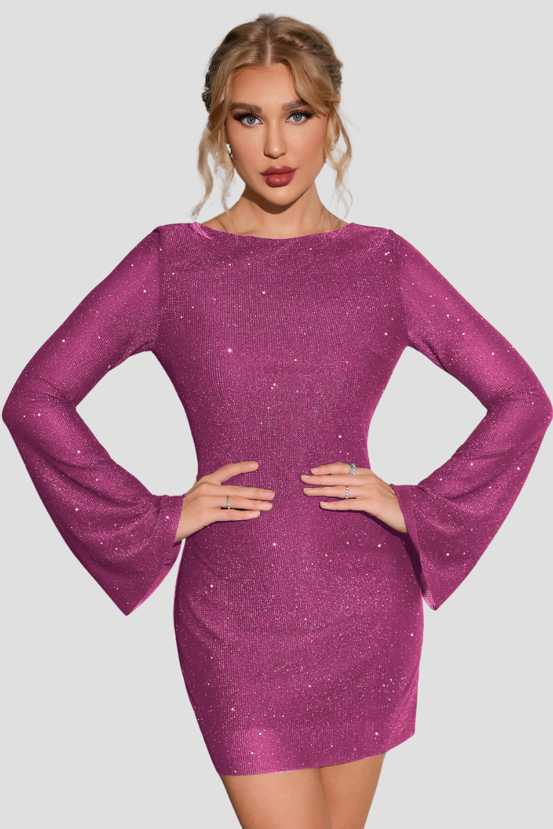 ALIX | Elegancka Sukienka Błyszcząca dla Kobiet z Długimi Rękawami i Odkrytymi Plecami - Stylowa, Efektowna i Nieodparta Warschau Fashion Różowy S