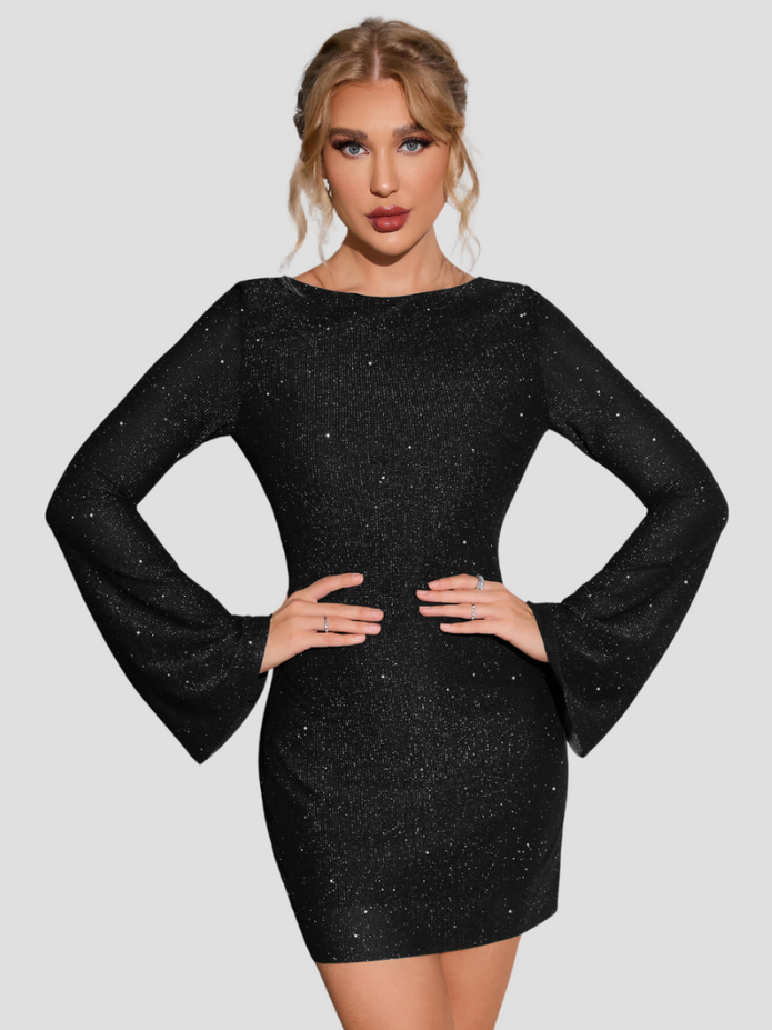 ALIX | Elegancka Sukienka Błyszcząca dla Kobiet z Długimi Rękawami i Odkrytymi Plecami - Stylowa, Efektowna i Nieodparta Warschau Fashion Czarny (pozostało 8) S