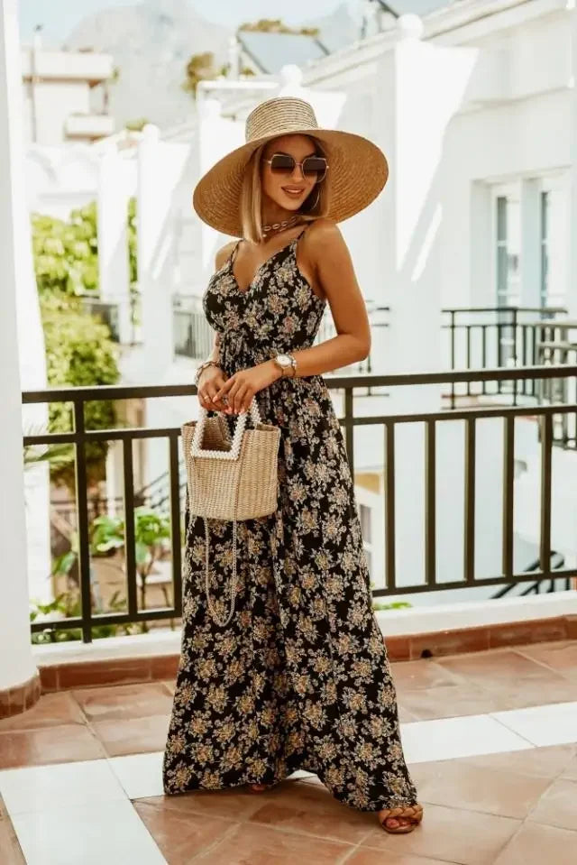 Genewa | Elegancka Suknia Maxi z Wyrafinowanym Wzorem Warschau Fashion Czarny S
