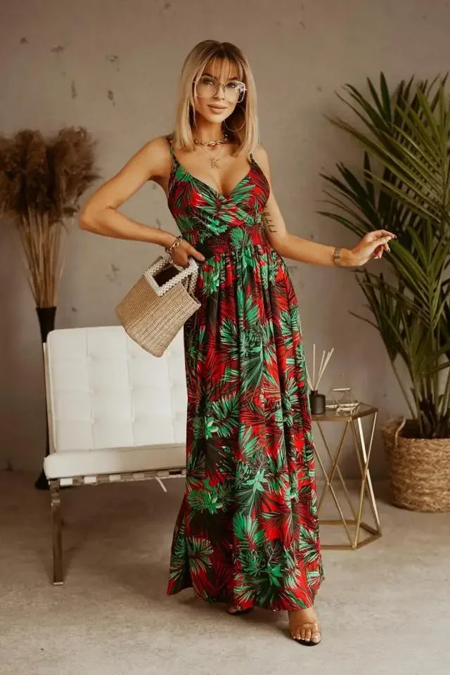 Genewa | Elegancka Suknia Maxi z Wyrafinowanym Wzorem Warschau Fashion Czerwony S