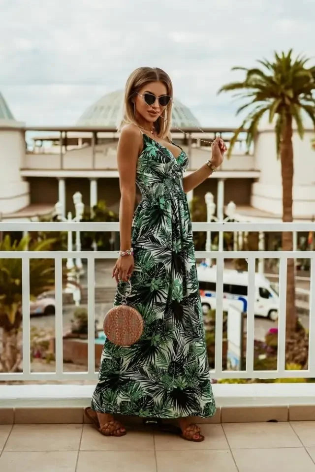 Genewa | Elegancka Suknia Maxi z Wyrafinowanym Wzorem Warschau Fashion Zielony S