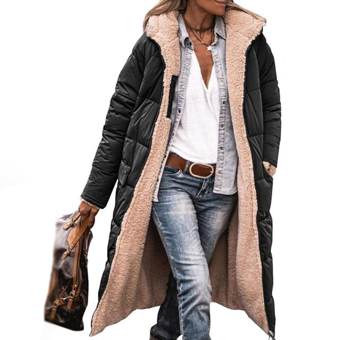 HAZEL - Długi zimowy płaszcz damski Women Winter Jacket Warschau Fashion Czarny S
