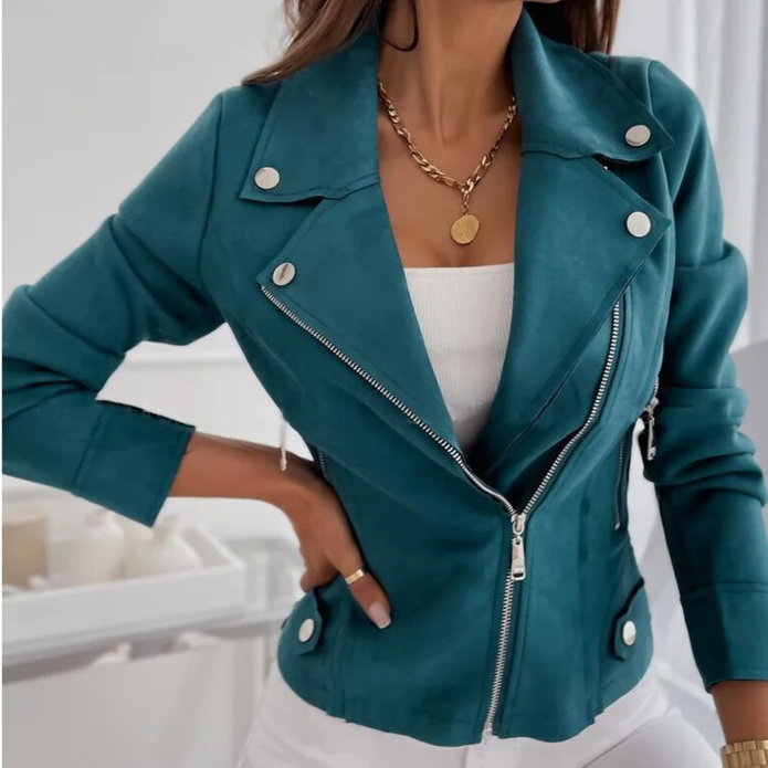 Letnia Kurtka Damska SlimFit z Metalowym Zapięciem i Wykładanym Kołnierzem Jackets Warschau Fashion Zielony S