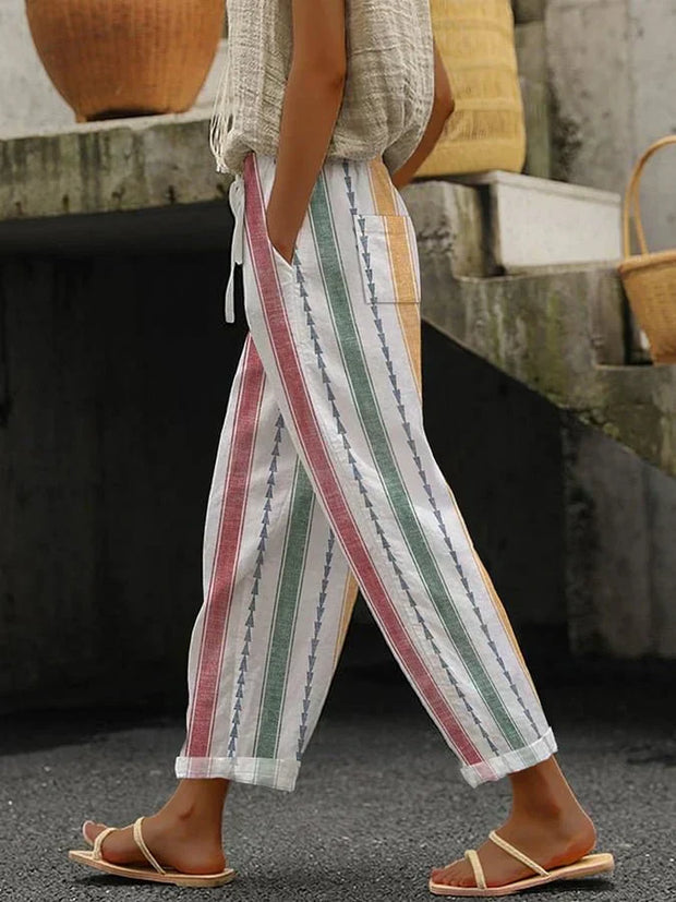 Linda - Luźne spodnie casualowe w retro paski dla kobiet Pants Warschau Fashion Wielokolorowy S
