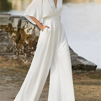 Elegancki kombinezon z dekoltem w serek, szerokimi nogawkami i rękawami nietoperzowymi dla kobiet | Idealny na wiosnę/lato Warschau Fashion Biały S