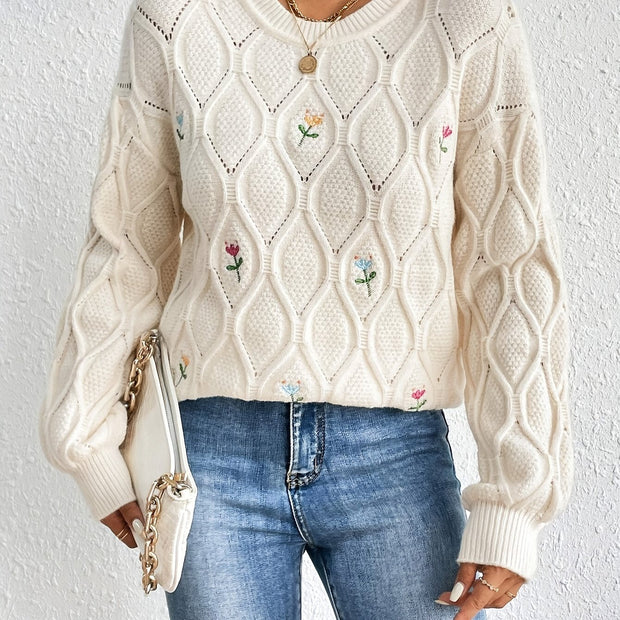 Isolde’s Bloom: Kwiatowy Sweter Aspira z Okrągłym Dekoltem – Eleganckie Długie Rękawy, Idealny na Jesień/Zimę Warschau Fashion Beżowy S