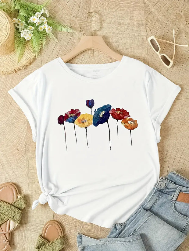 Biała koszulka damska w kwiatowy wzór | Lato Women T-Shirt Warschau Fashion