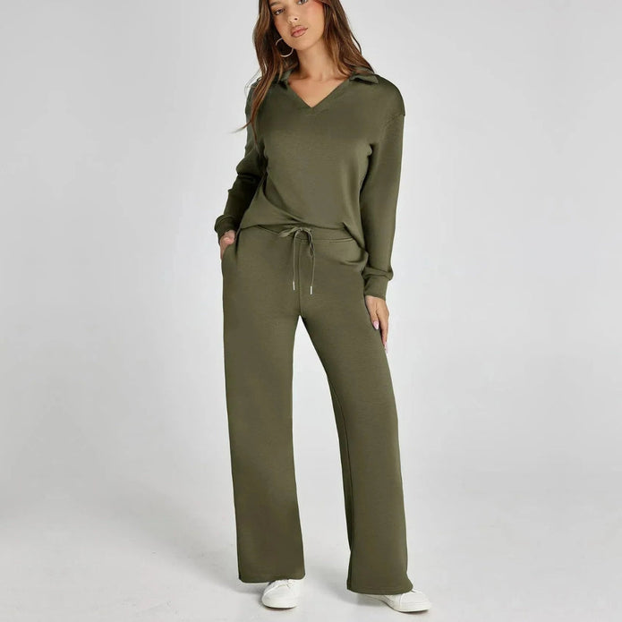 Eline | Luksusowy Zestaw Odzieży Domowej z Przytulnymi Spodniami i Dekoltem w Serek Loungewear Set Warschau Fashion Zielony XS