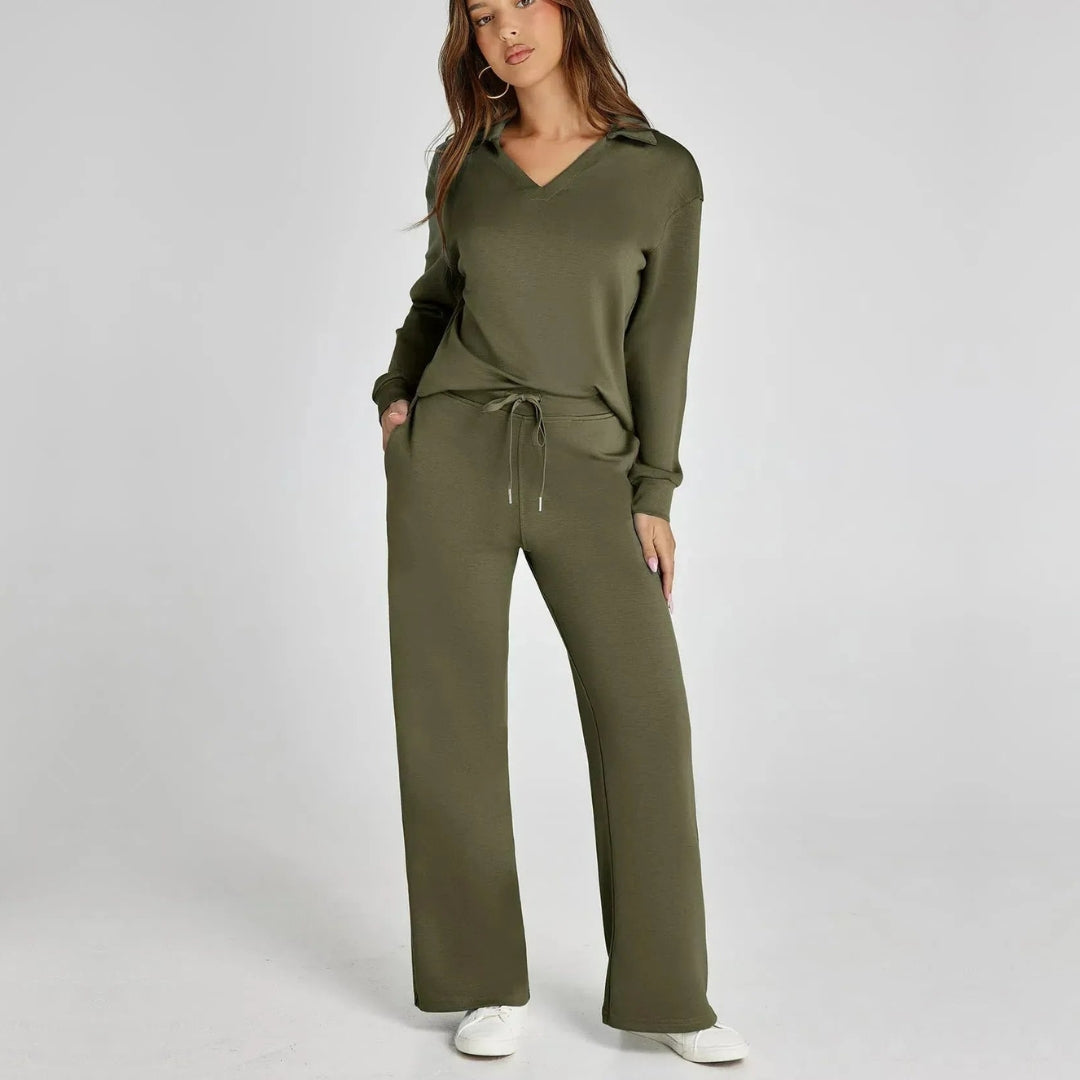 Eline | Luksusowy Zestaw Odzieży Domowej z Przytulnymi Spodniami i Dekoltem w Serek Loungewear Set Warschau Fashion Zielony XS