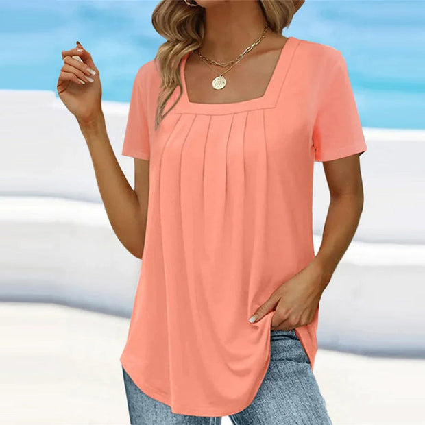 Damska Letnia Bluzka Elegancja z Kwadratowym Dekoltem i Szczegółami Marszczenia Summer Shirt Women Warschau Fashion Różowy S