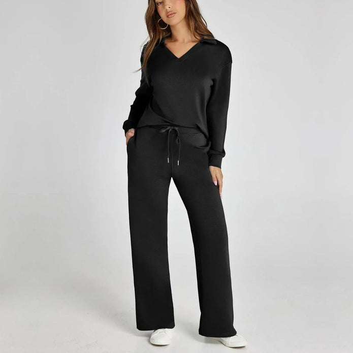 Eline | Luksusowy Zestaw Odzieży Domowej z Przytulnymi Spodniami i Dekoltem w Serek Loungewear Set Warschau Fashion Czarny XS