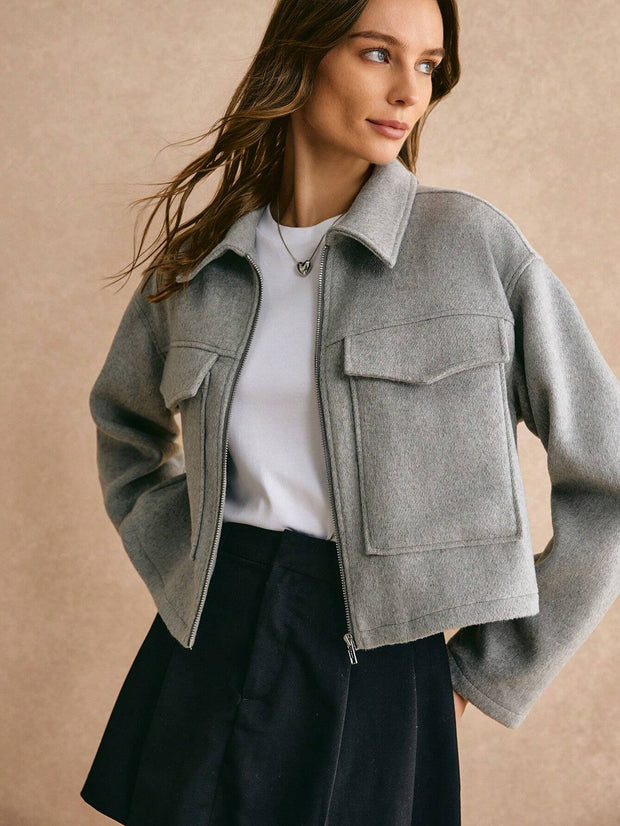 FELICE | Codzienny Krótki Płaszcz Dla Kobiet z Projektowaniem Kieszeni - Stylowy i Wygodny Warschau Fashion Szary (pozostało 8) S