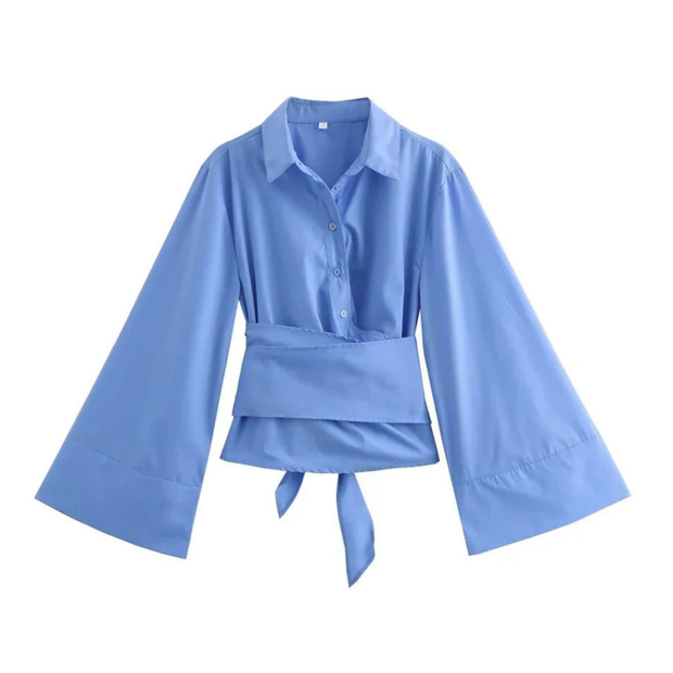 Elegancka Damska Koszula Kimono z Długim Rękawem Women Shirt Warschau Fashion Niebieski XS