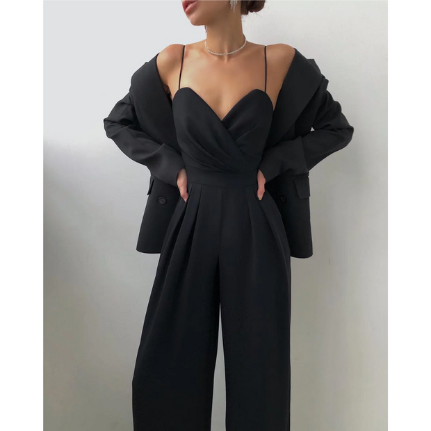 Elegancki Damski Kombinezon z Szerokimi Nogawkami i Ramiączkami Women Jumpsuit Warschau Fashion