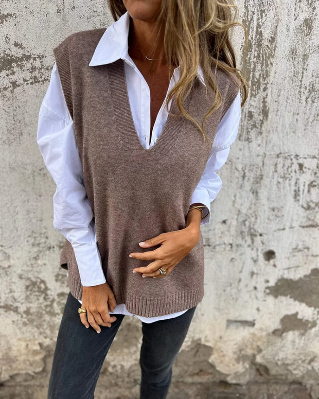 Natalie | Dzianinowa Kamizelka Sweater Warschau Fashion Szaro-brązowy S