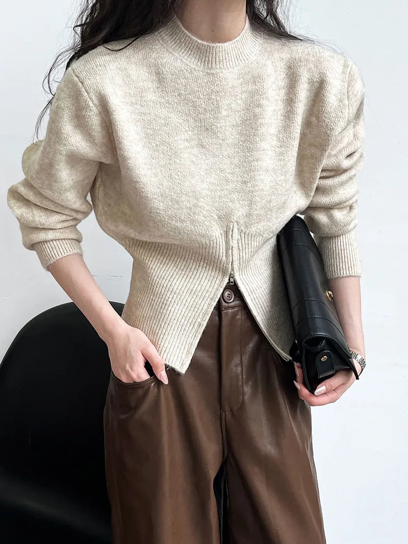 LAURA | Swobodny Sweter Damski SplitZip - Wygodny & Elegancki Warschau Fashion Beżowy One size