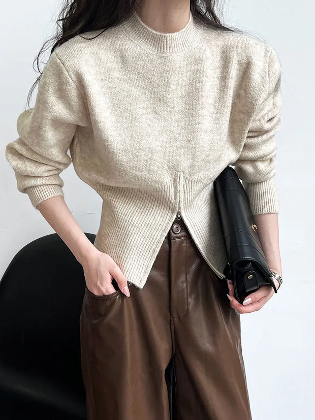 LAURA | Swobodny Sweter Damski SplitZip - Wygodny & Elegancki Warschau Fashion Beżowy One size