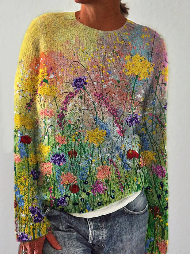 Przytulna koszulka z olejnym motywem kwiatowym Sweater Warschau Fashion Wielokolorowy S