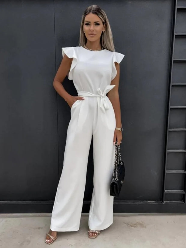 Stylowy kombinezon z paskiem dla kobiet Women Jumpsuit Warschau Fashion Biały S