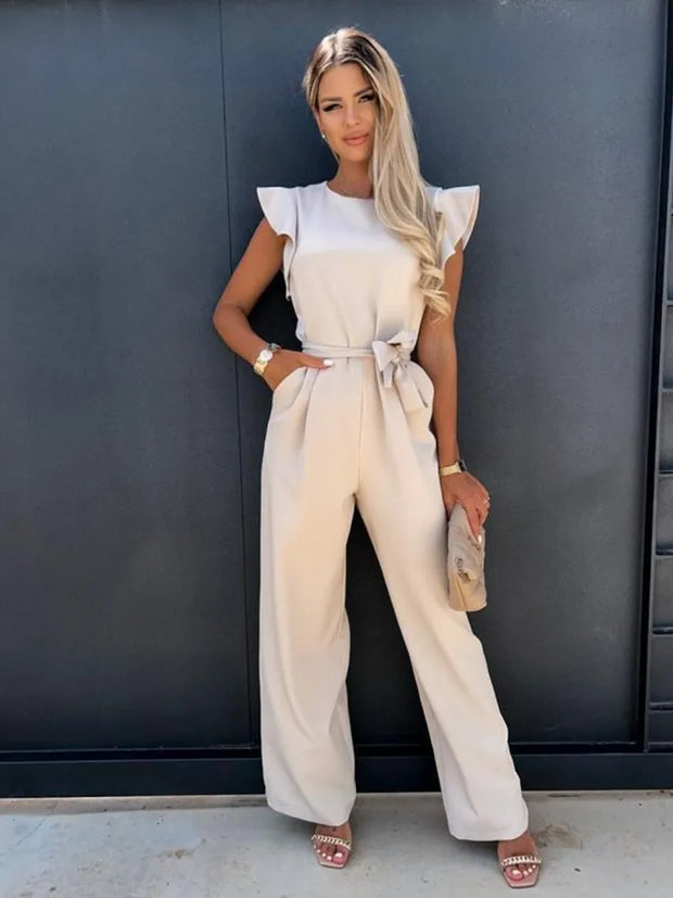Stylowy kombinezon z paskiem dla kobiet Women Jumpsuit Warschau Fashion Beżowy S