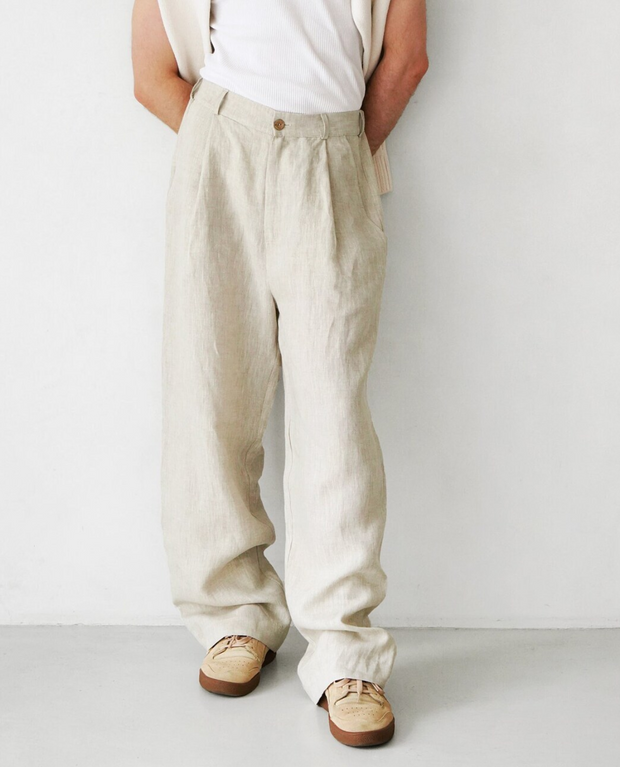 100% Lniane Spodnie Relaks Pants Warschau Fashion Beż ecru S