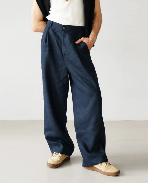 100% Lniane Spodnie Relaks Pants Warschau Fashion Granatowy S