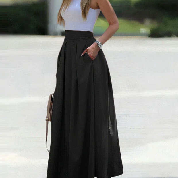 Luźna Maxirok Damska z Faltami Women Skirt Warschau Fashion Czarny S