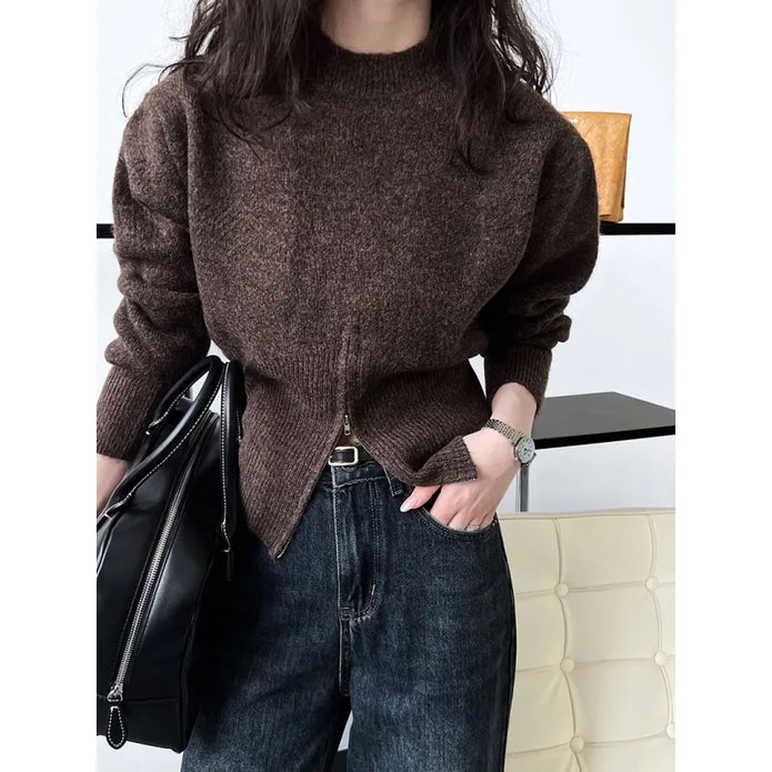 LAURA | Swobodny Sweter Damski SplitZip - Wygodny & Elegancki Warschau Fashion Brązowy One size