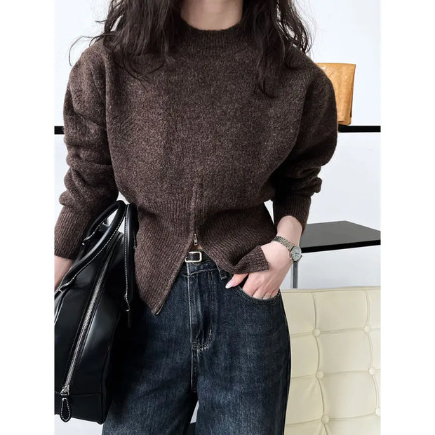 LAURA | Swobodny Sweter Damski SplitZip - Wygodny & Elegancki Warschau Fashion Brązowy One size