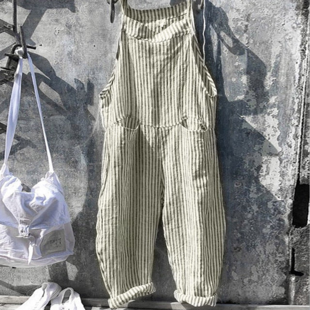 Luźny Kombinezon Damski w Paski | Bez Rękawów Women Jumpsuit Warschau Fashion Zielony S