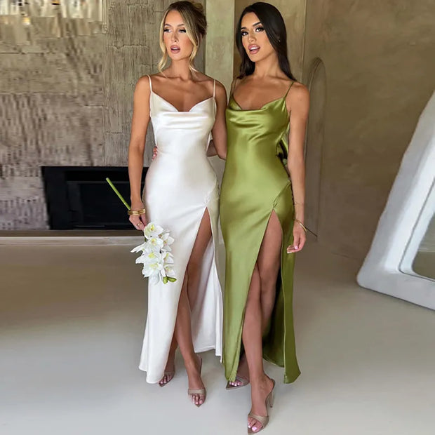 CAMILA | Luksusowa Sukienka Satynowa z Odkrytymi Plecami i Rozcięciem - Elegancka, Stylowa & Ponadczasowa Warschau Fashion Biały S