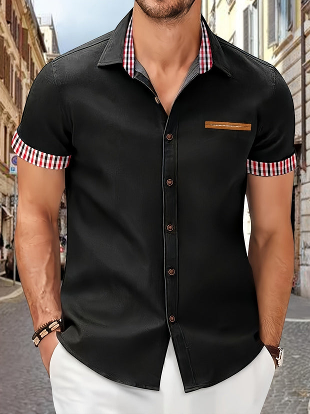 Męska koszula z krótkim rękawem i paskowanym kołnierzykiem Men Shirts Warschau Fashion Czarny S
