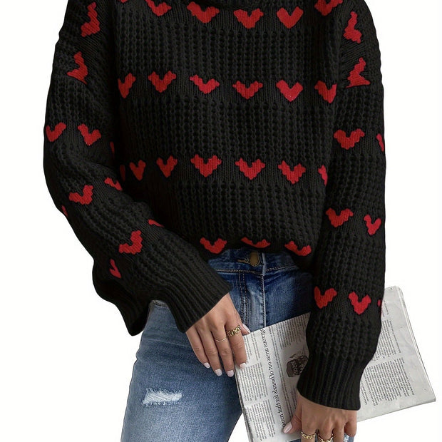 Sweter Elara o Wzorze Serca: Swobodny Wysoki Kołnierz z Długimi Rękawami na Jesień i Zimę Warschau Fashion Czarne tło czerwone serce S