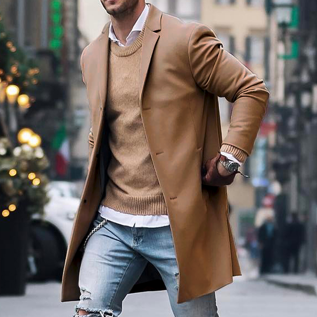 Męski trencz jednozapięciowy z kołnierzem Men Coats Warschau Fashion Khaki XS