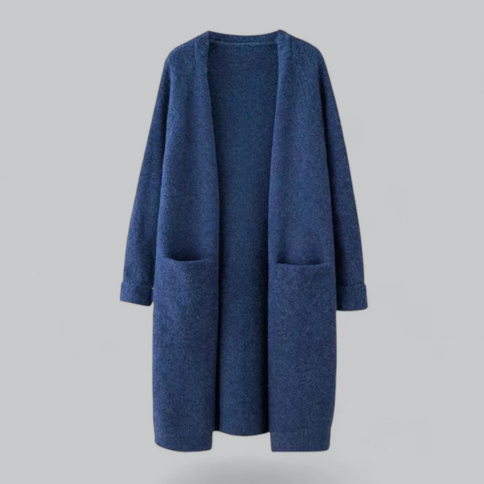 Damski Długi Sweter na Zimę - Ciepły i Stylowy Women Cardigans Warschau Fashion Królewski Niebieski One Size