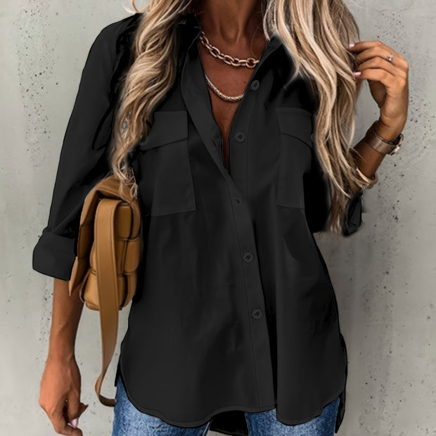 Bluzka Eleganto z Guzikami | Długie Rękawy i Kołnierz, Idealna do Biura Warschau Fashion Czarny S