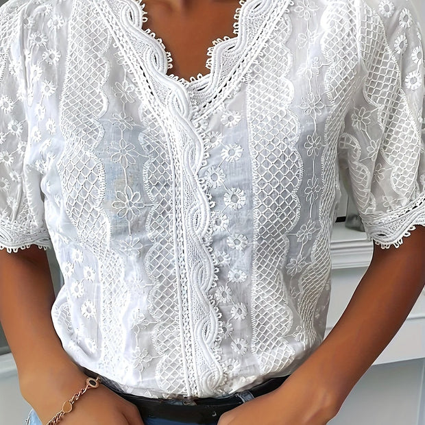 Elegancka Bluzka z Dekoltem w Serek dla Kobiet z Haftowaną Koronką | Lekki Rajon, Idealny na Lato Warschau Fashion Biały S