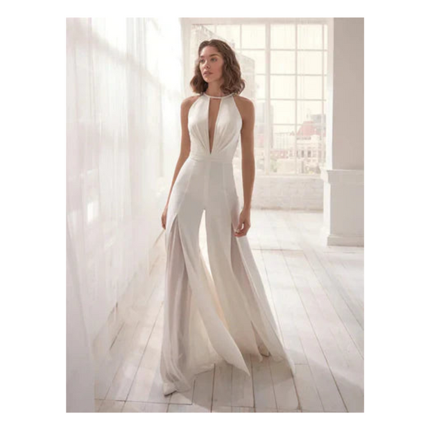 Elegancki Oliwkowy Kombinezon Damski z Dekoltem w Szpic Women Jumpsuit Warschau Fashion Biały M