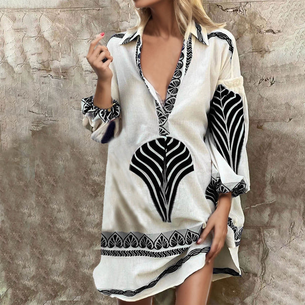 NERISA | Letnia Sukienka Damska Bawełna & Len z Boho Wzorem Dress Warschau Fashion Czarny S