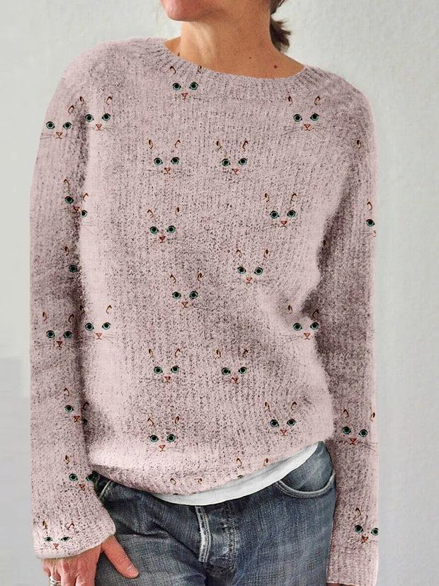 Przytulna koszulka z okrągłym dekoltem i motywem kota Sweater Warschau Fashion Jasnoróżowy S