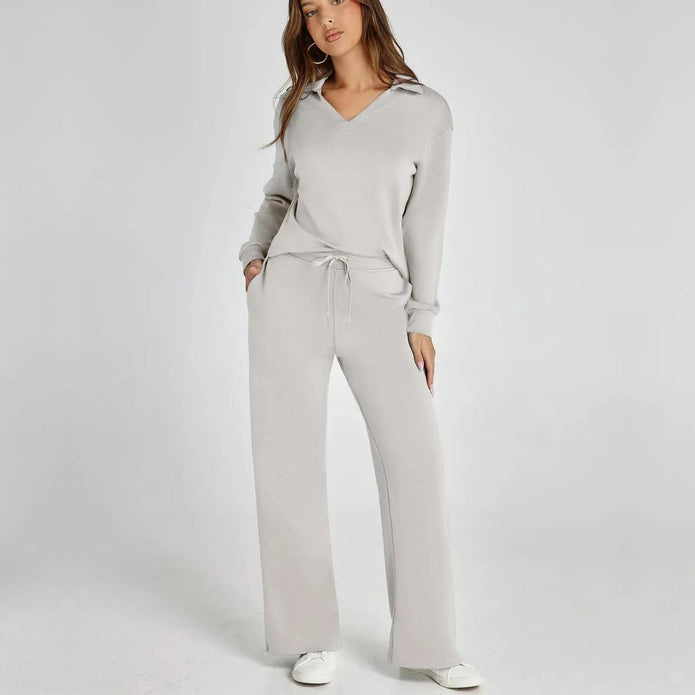 Eline | Luksusowy Zestaw Odzieży Domowej z Przytulnymi Spodniami i Dekoltem w Serek Loungewear Set Warschau Fashion Szary XS